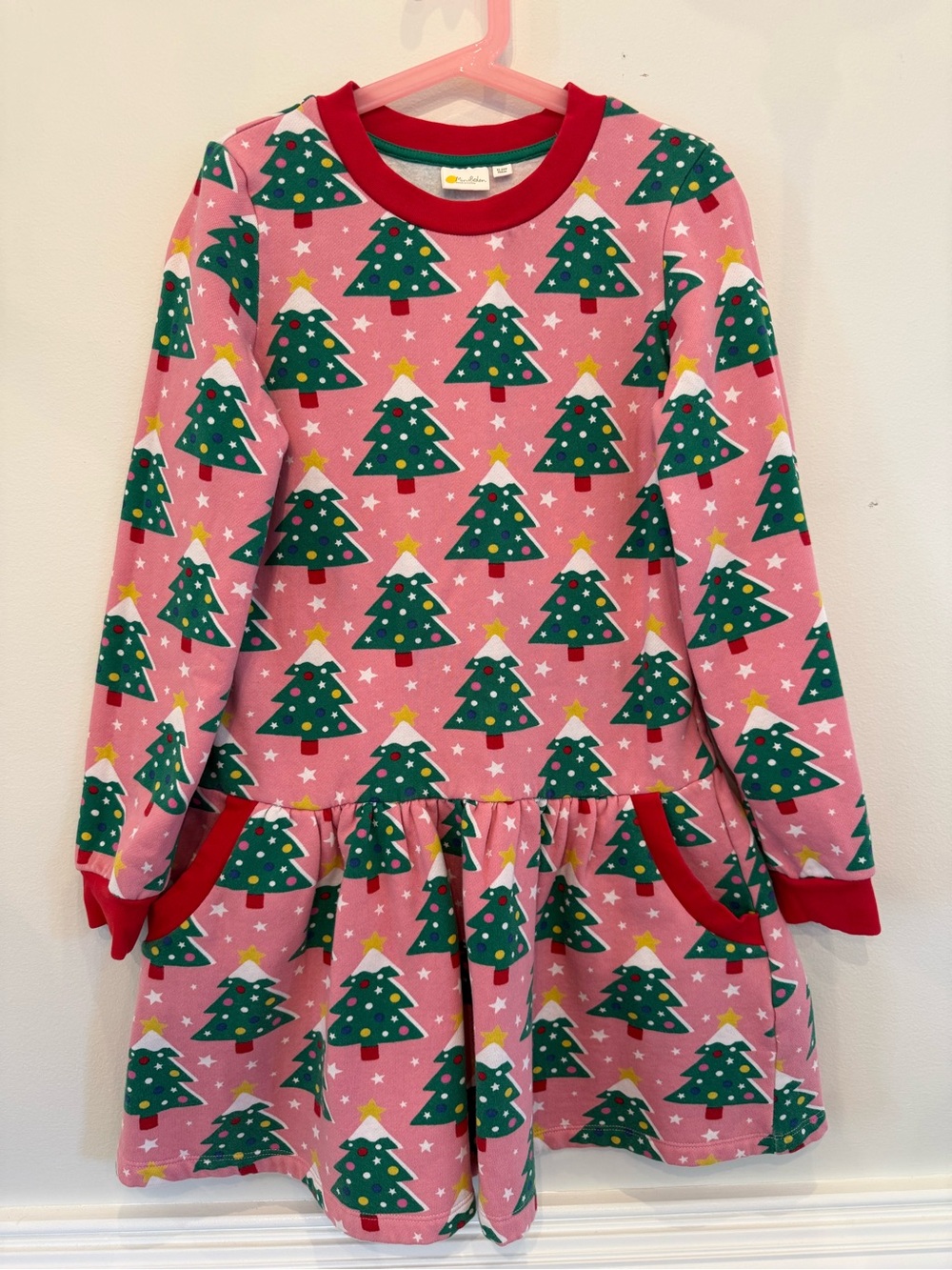 Mini Boden Pink Christmas Tree Fleece Lined Cotton Dress with pockets, Red Trim